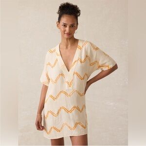 Faherty Cora 100% Linen Coverup Orange and Cream Chevron Shibori Boho Beach